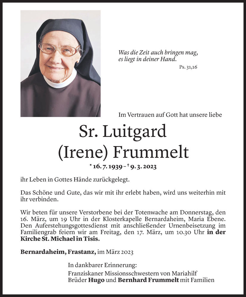  Todesanzeige für Luitgard Frummelt vom 12.03.2023 aus Vorarlberger Nachrichten