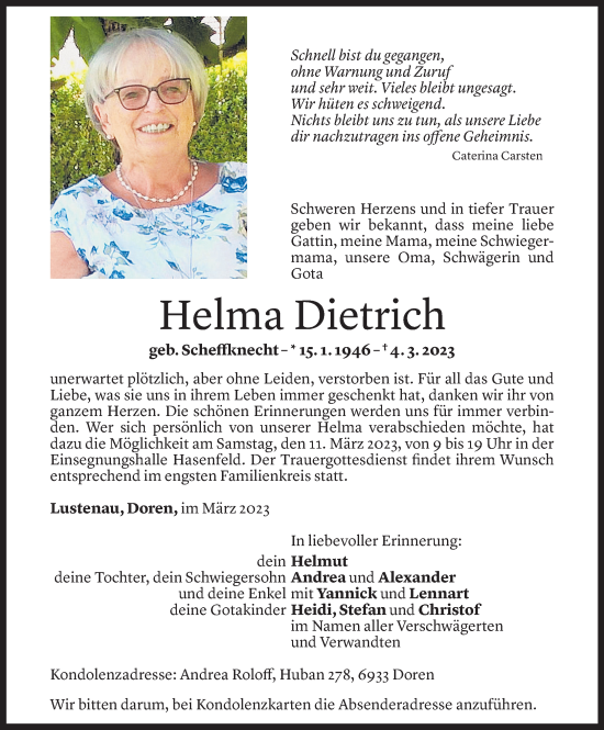 Todesanzeige von Helma Dietrich von Vorarlberger Nachrichten