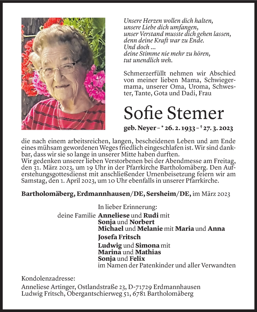 Todesanzeigen von Sofie Stemer | Todesanzeigen Vorarlberger Nachrichten