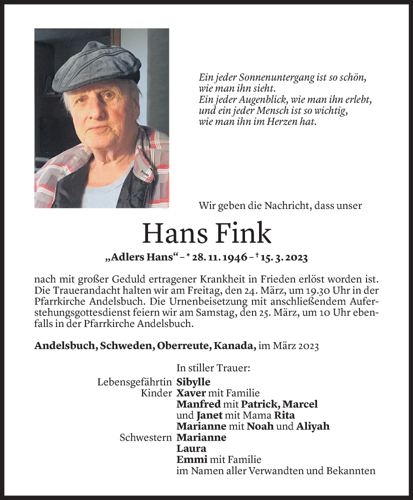  Todesanzeige für Hans Fink vom 23.03.2023 aus Vorarlberger Nachrichten