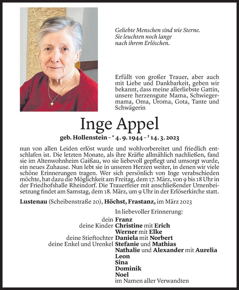  Todesanzeige für Inge Appel vom 16.03.2023 aus Vorarlberger Nachrichten