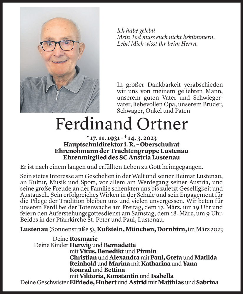  Todesanzeige für Ferdinand Ortner vom 16.03.2023 aus Vorarlberger Nachrichten