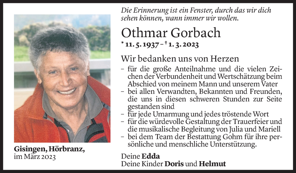  Todesanzeige für Othmar Gorbach vom 30.03.2023 aus Vorarlberger Nachrichten
