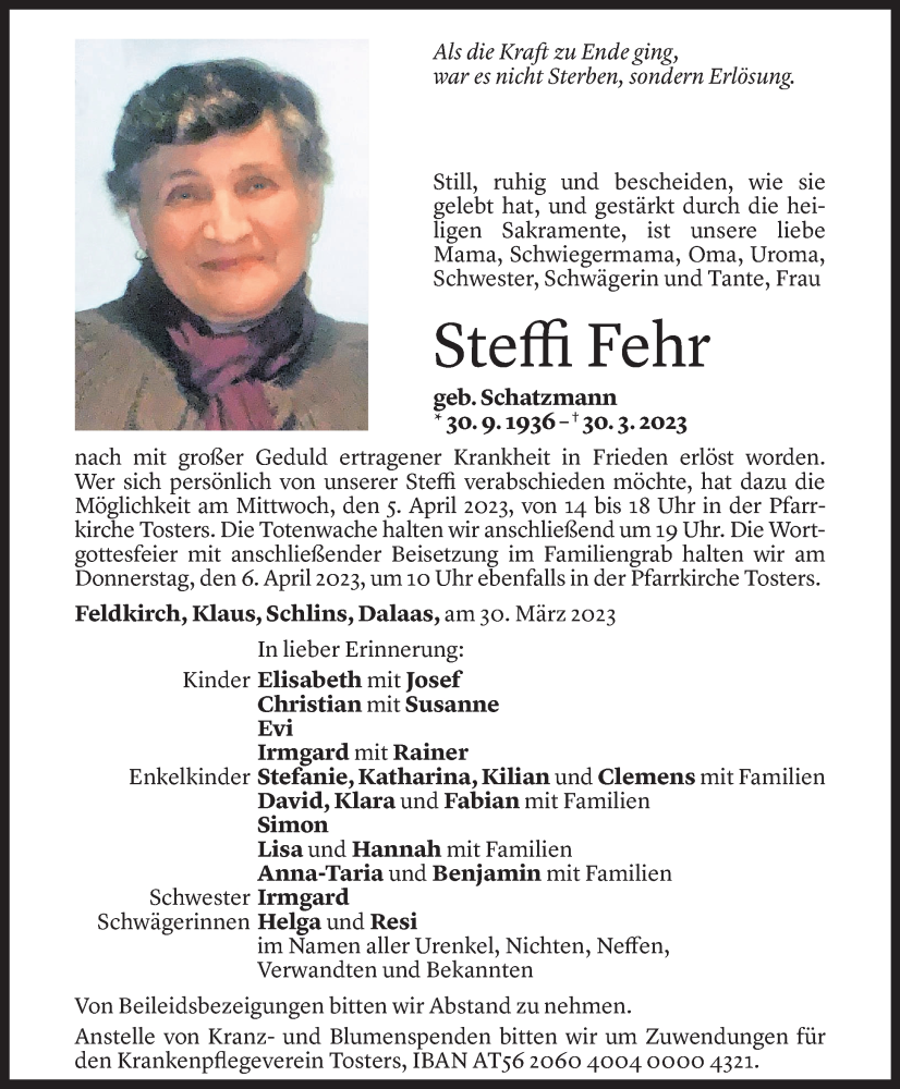  Todesanzeige für Steffi Fehr vom 31.03.2023 aus Vorarlberger Nachrichten