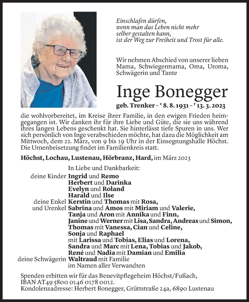  Todesanzeige für Inge Bonegger vom 19.03.2023 aus Vorarlberger Nachrichten