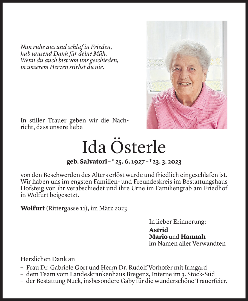  Todesanzeige für Ida Österle vom 01.04.2023 aus Vorarlberger Nachrichten