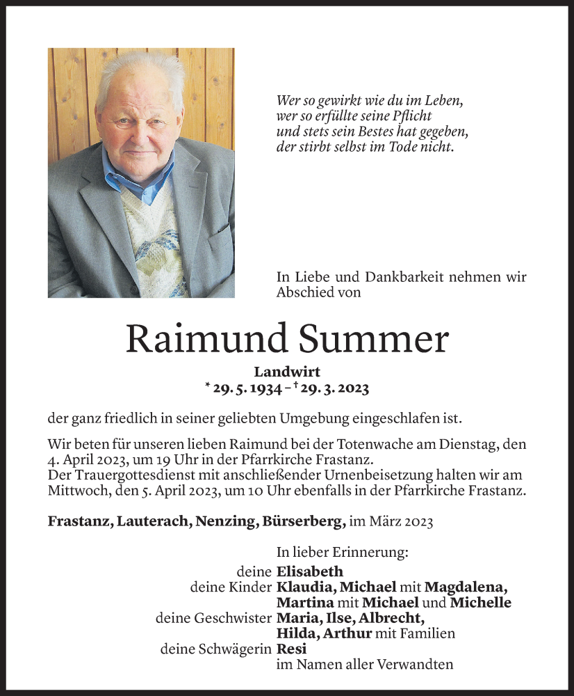  Todesanzeige für Raimund Summer vom 31.03.2023 aus Vorarlberger Nachrichten