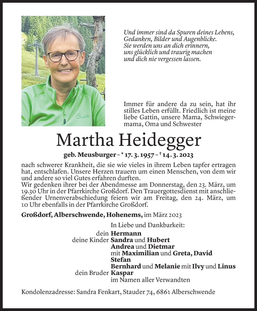  Todesanzeige für Martha Heidegger vom 21.03.2023 aus Vorarlberger Nachrichten