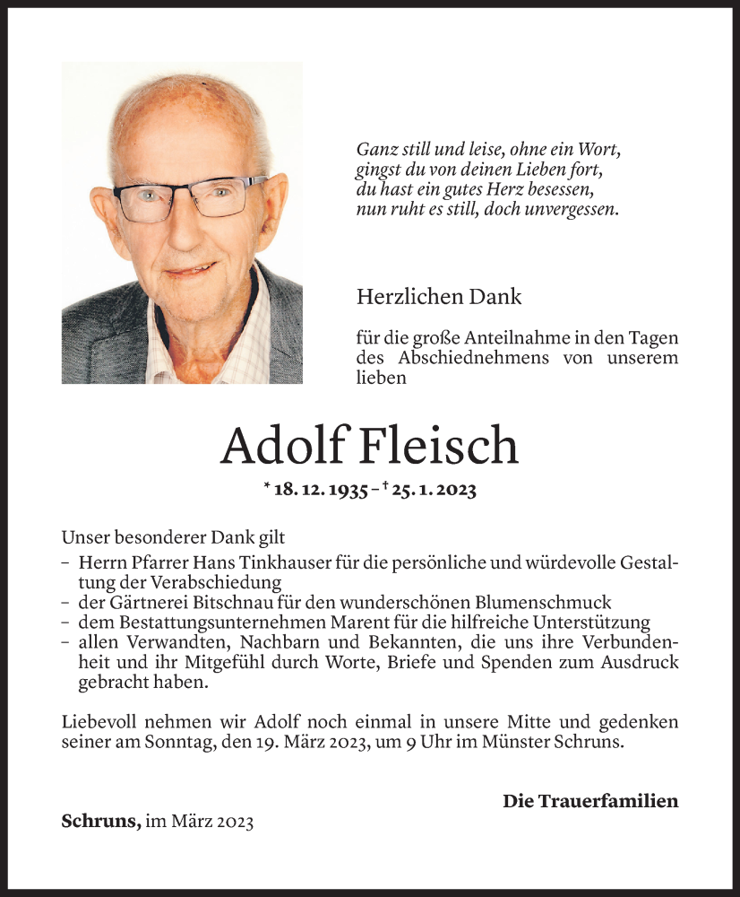  Todesanzeige für Adolf Fleisch vom 17.03.2023 aus Vorarlberger Nachrichten