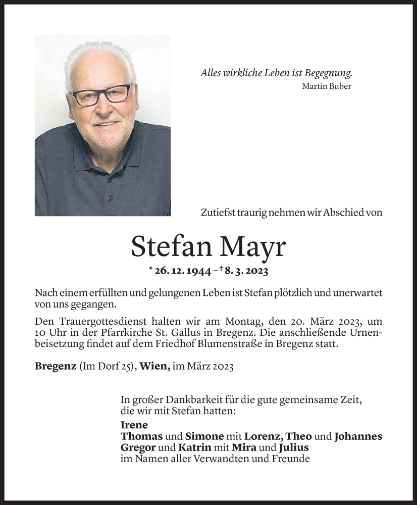  Todesanzeige für Stefan Mayr vom 15.03.2023 aus Vorarlberger Nachrichten