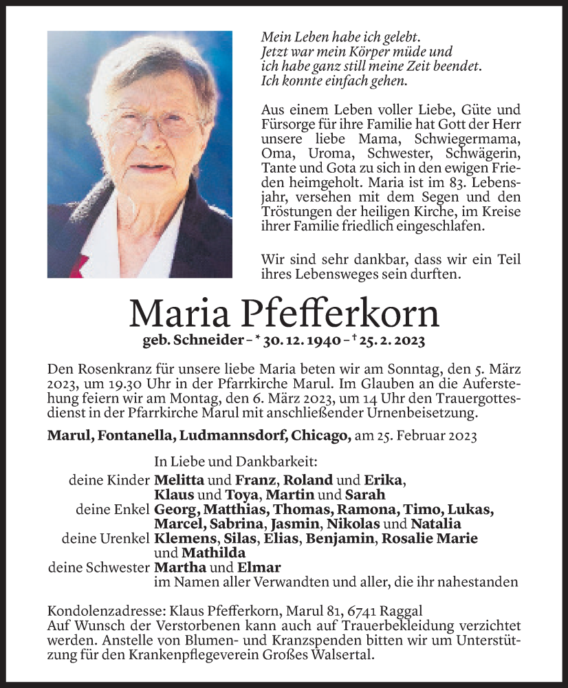  Todesanzeige für Maria Pfefferkorn vom 03.03.2023 aus Vorarlberger Nachrichten