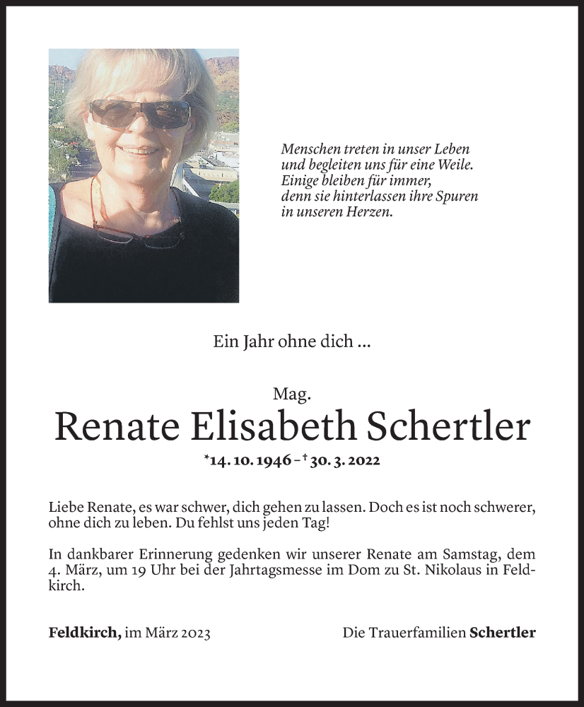  Todesanzeige für Renate Elisabeth Schertler vom 03.03.2023 aus Vorarlberger Nachrichten