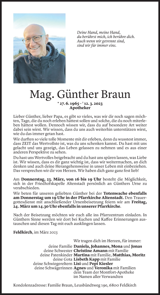  Todesanzeige für Günther Braun vom 21.03.2023 aus Vorarlberger Nachrichten