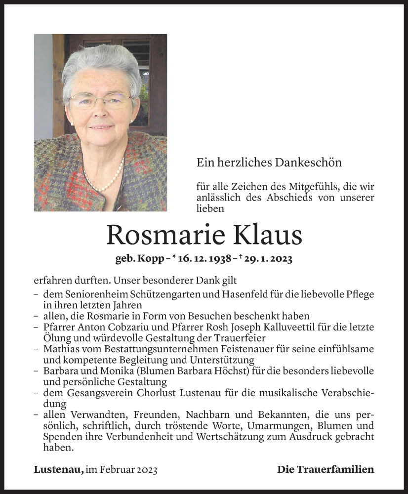  Todesanzeige für Rosmarie Klaus vom 07.03.2023 aus Vorarlberger Nachrichten