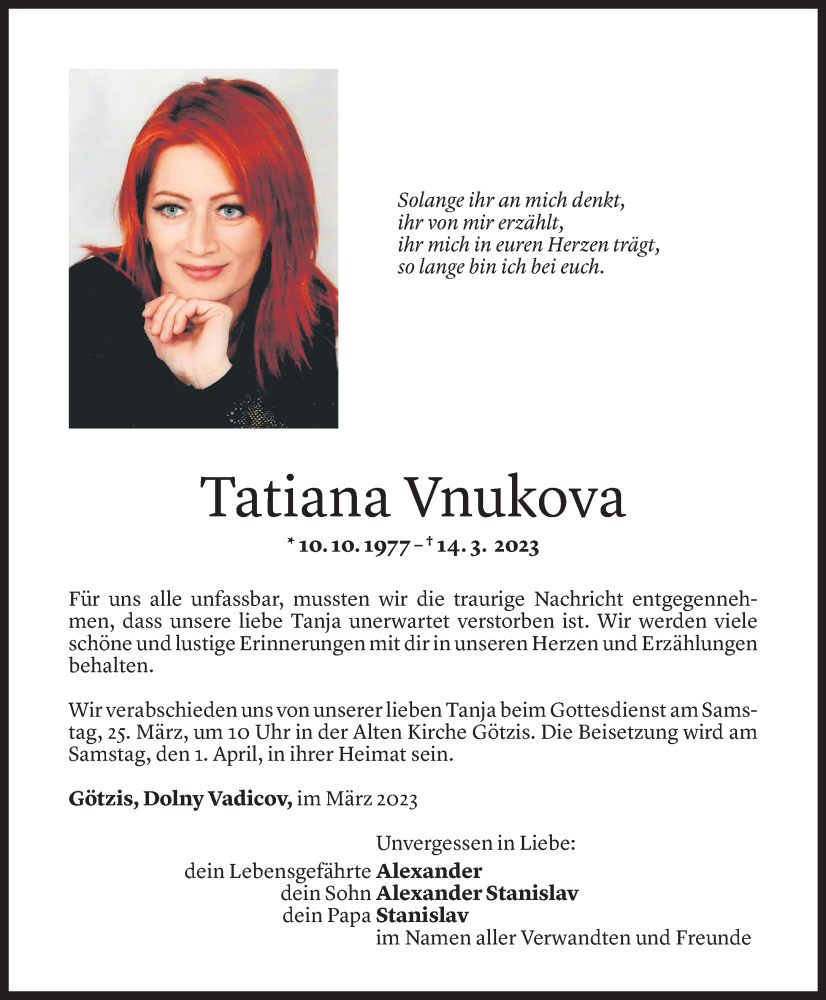  Todesanzeige für Tatiana Vnukova vom 20.03.2023 aus Vorarlberger Nachrichten