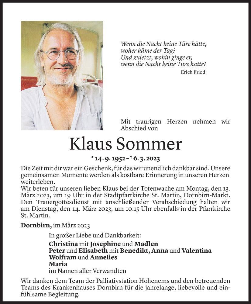  Todesanzeige für Klaus Sommer vom 10.03.2023 aus Vorarlberger Nachrichten