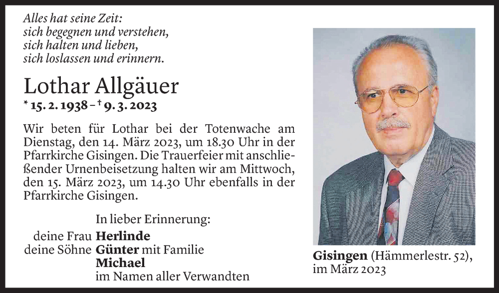  Todesanzeige für Lothar Allgäuer vom 12.03.2023 aus Vorarlberger Nachrichten