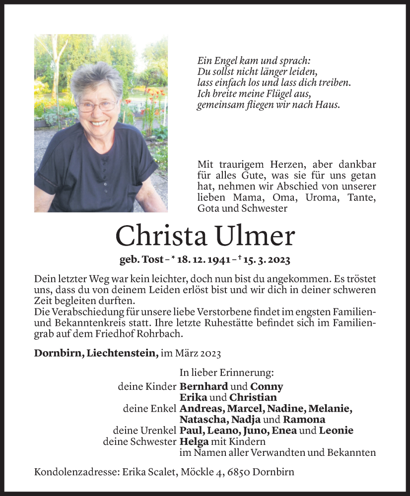  Todesanzeige für Christa Ulmer vom 18.03.2023 aus Vorarlberger Nachrichten