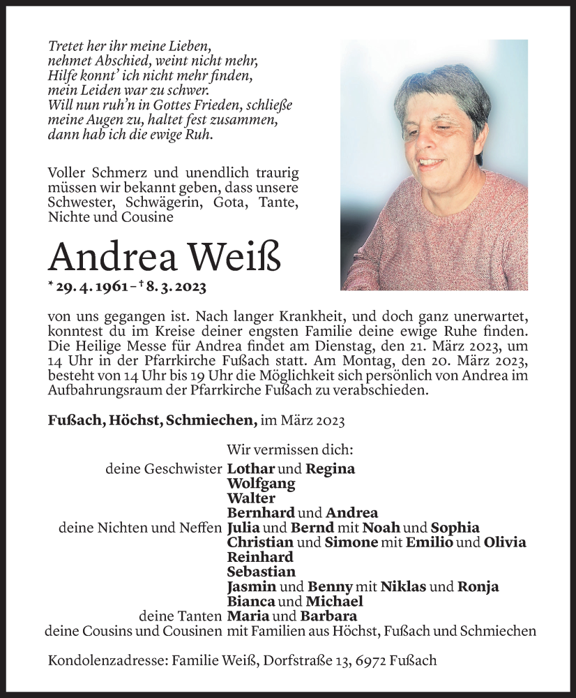  Todesanzeige für Andrea Weiß vom 16.03.2023 aus Vorarlberger Nachrichten