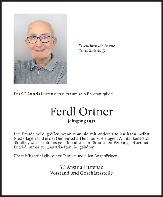 Todesanzeige von Ferdinand Ortner von Vorarlberger Nachrichten