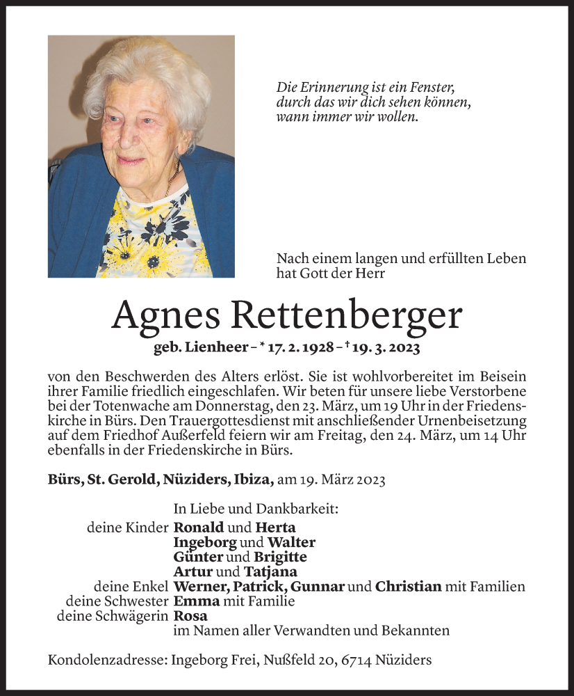  Todesanzeige für Agnes Rettenberger vom 21.03.2023 aus Vorarlberger Nachrichten
