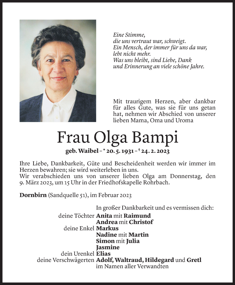  Todesanzeige für Olga Bampi vom 03.03.2023 aus Vorarlberger Nachrichten
