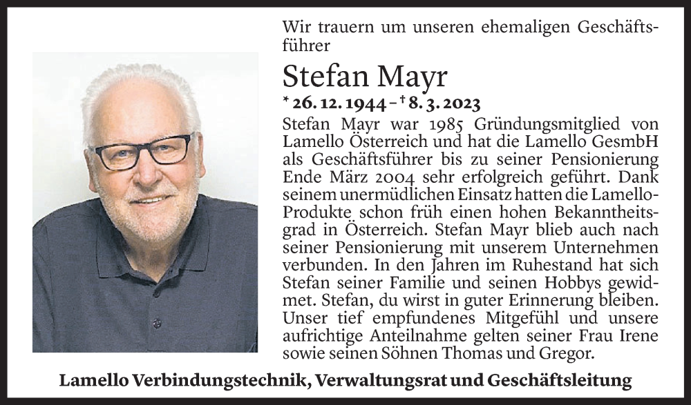  Todesanzeige für Stefan Mayr vom 15.03.2023 aus Vorarlberger Nachrichten