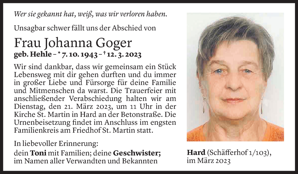  Todesanzeige für Johanna Goger vom 17.03.2023 aus Vorarlberger Nachrichten