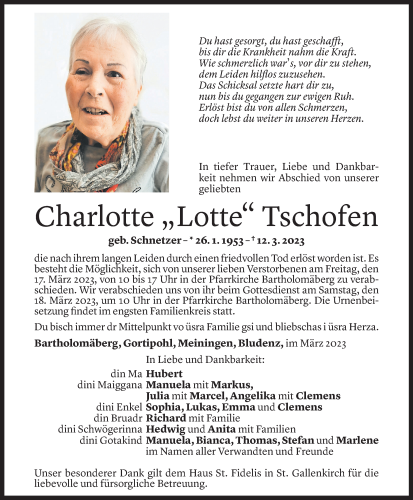  Todesanzeige für Charlotte Tschofen vom 15.03.2023 aus Vorarlberger Nachrichten