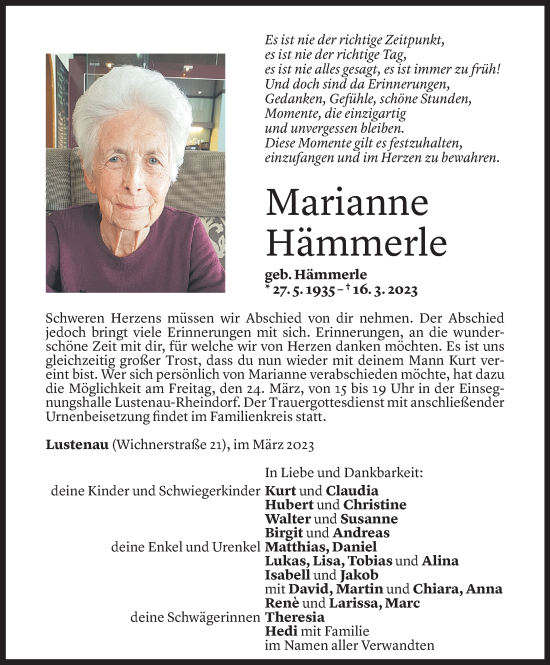 Todesanzeige von Mariann Hämmerle von Vorarlberger Nachrichten