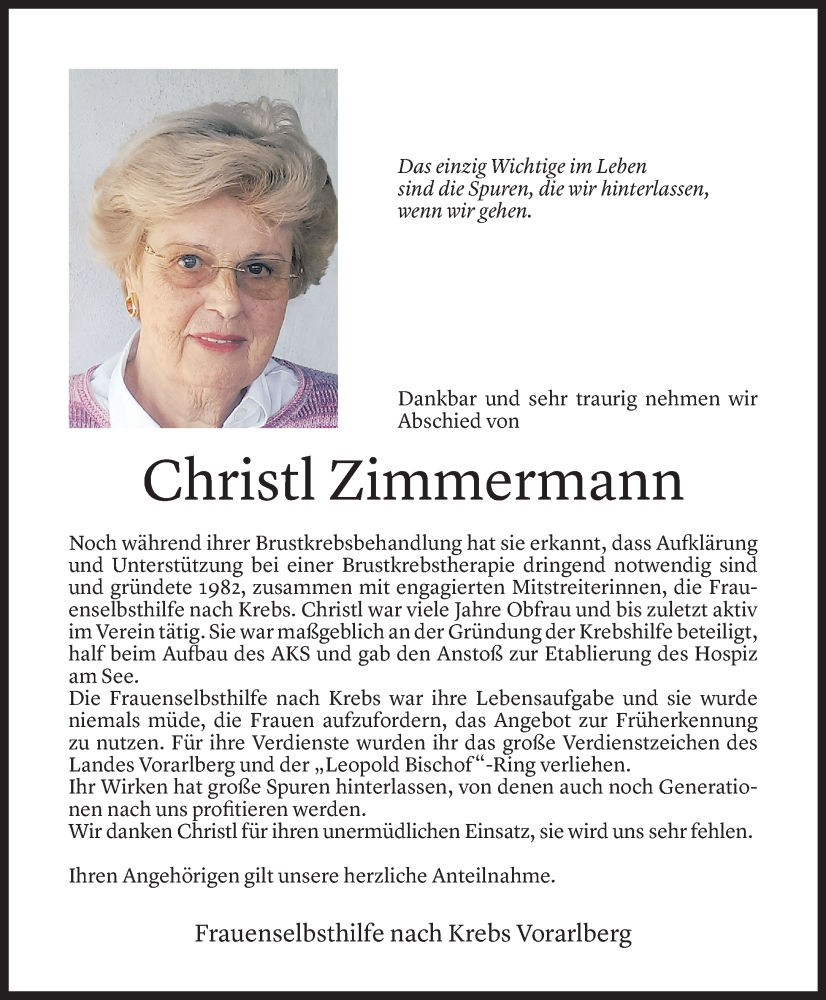  Todesanzeige für Christl Zimmermann vom 21.03.2023 aus Vorarlberger Nachrichten