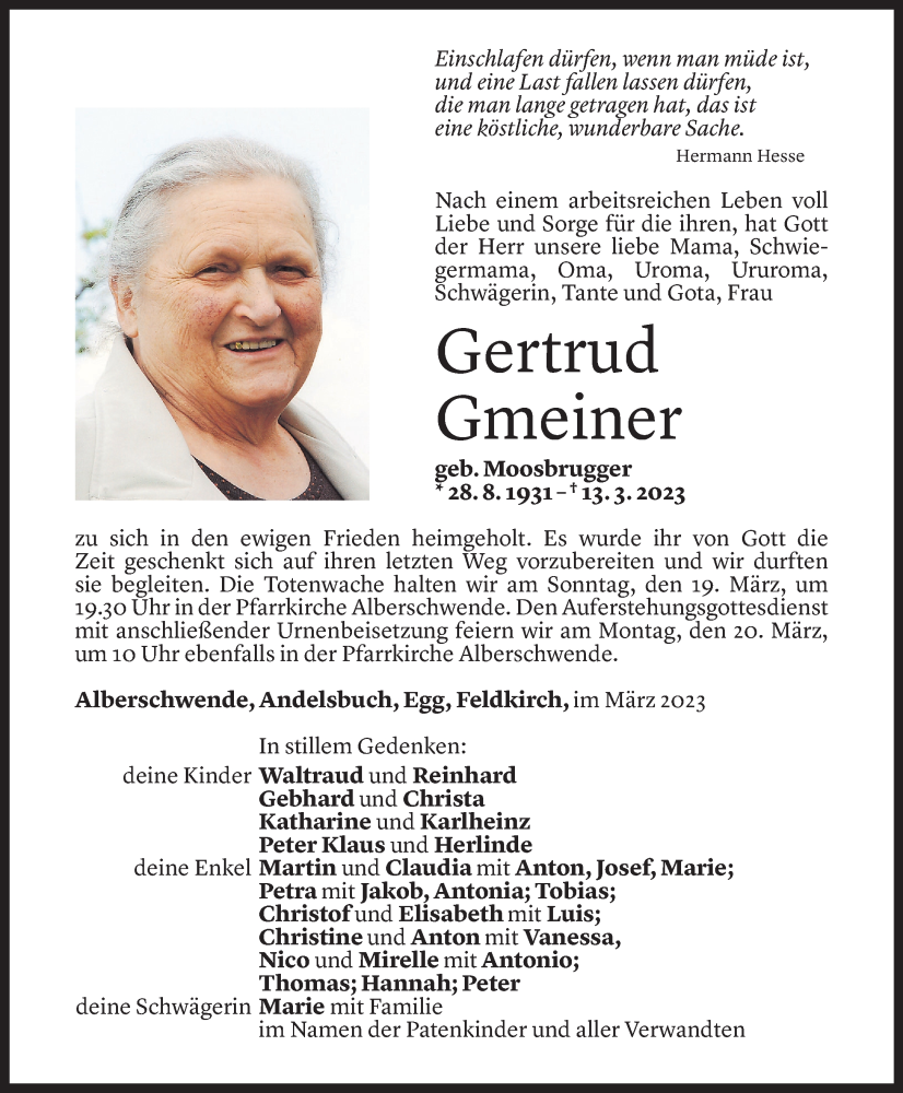  Todesanzeige für Gertrud Gmeiner vom 16.03.2023 aus Vorarlberger Nachrichten