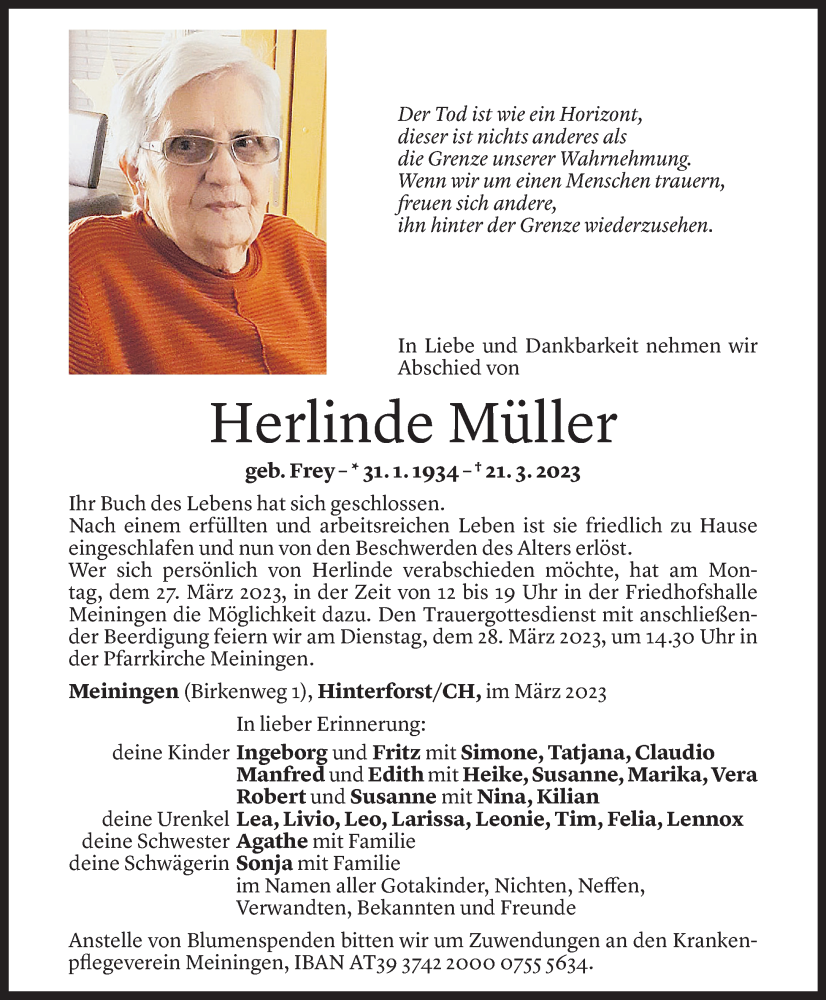 Todesanzeige für Herlinde Müller vom 24.03.2023 aus Vorarlberger Nachrichten
