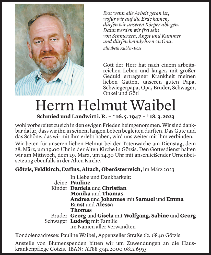  Todesanzeige für Helmut Waibel vom 24.03.2023 aus Vorarlberger Nachrichten