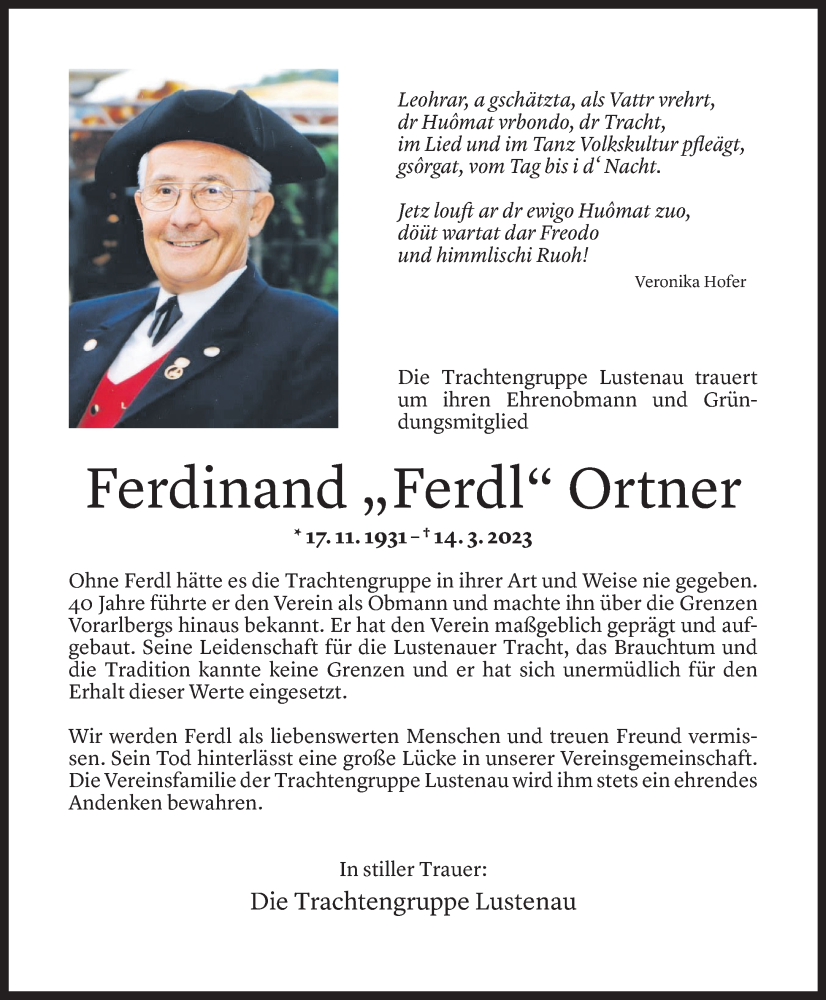  Todesanzeige für Ferdinand Ortner vom 16.03.2023 aus Vorarlberger Nachrichten