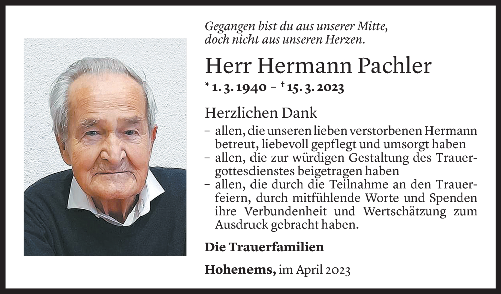  Todesanzeige für Hermann Pachler vom 01.04.2023 aus Vorarlberger Nachrichten