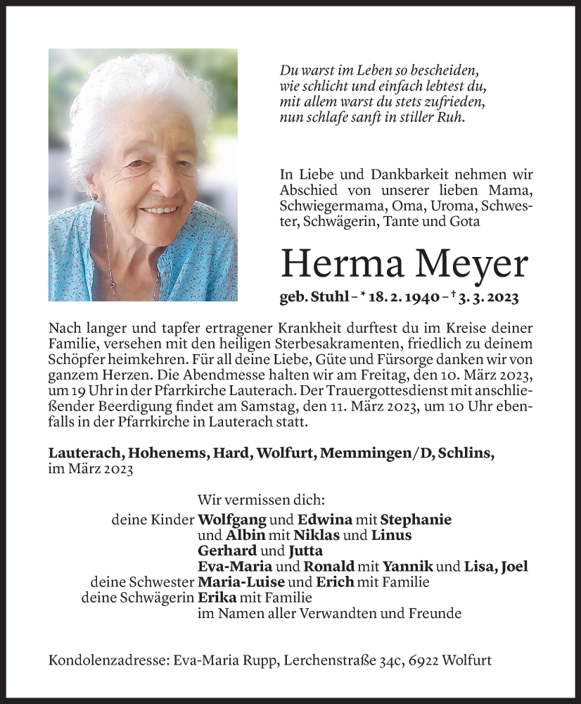 Todesanzeigen Von Herma Meyer Todesanzeigen Vorarlberger Nachrichten