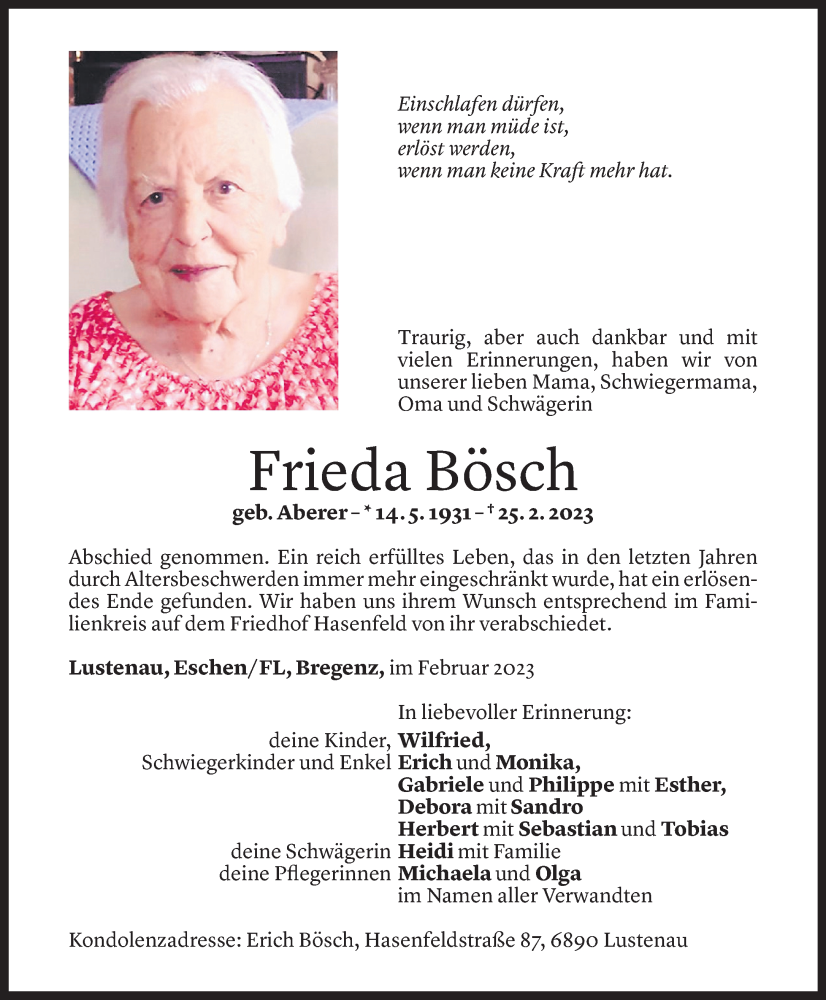  Todesanzeige für Frieda Bösch vom 08.03.2023 aus Vorarlberger Nachrichten