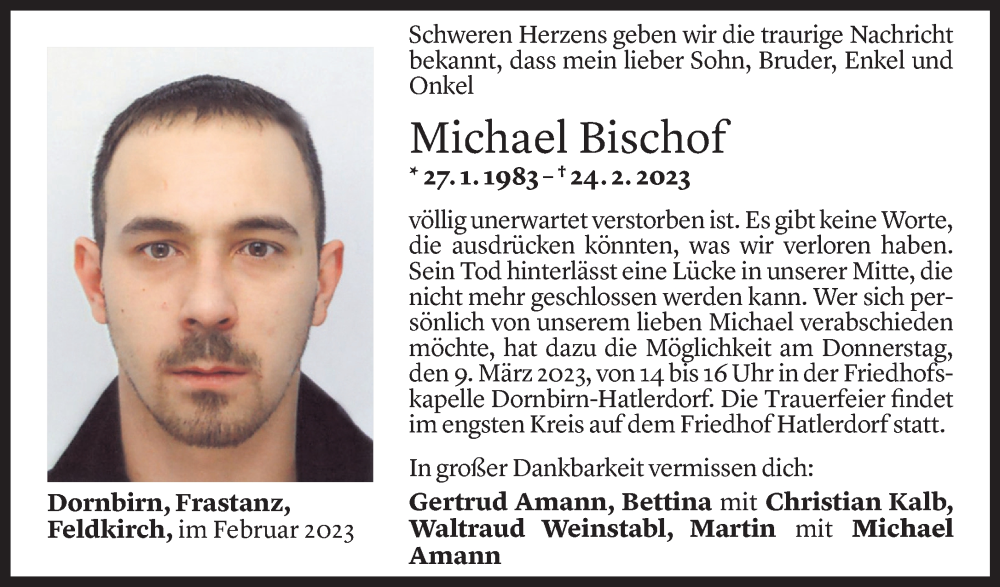  Todesanzeige für Michael Bischof vom 07.03.2023 aus Vorarlberger Nachrichten