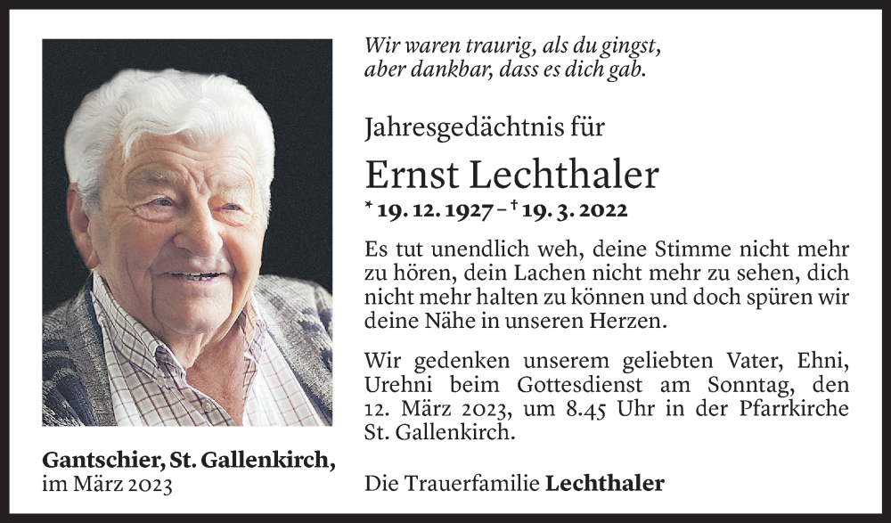  Todesanzeige für Ernst Lechthaler vom 09.03.2023 aus Vorarlberger Nachrichten