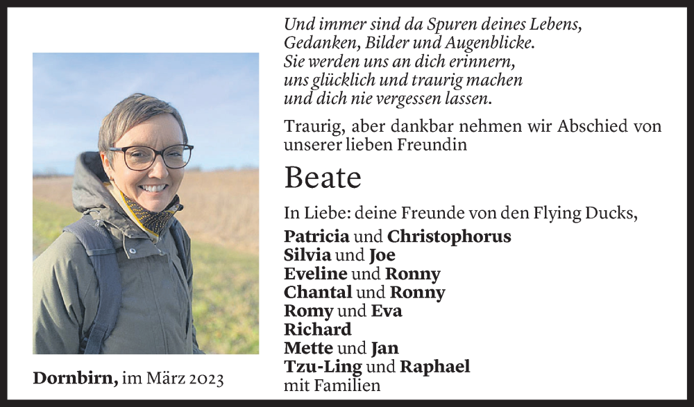 Todesanzeige für Beate Berchtold vom 01.04.2023 aus Vorarlberger Nachrichten