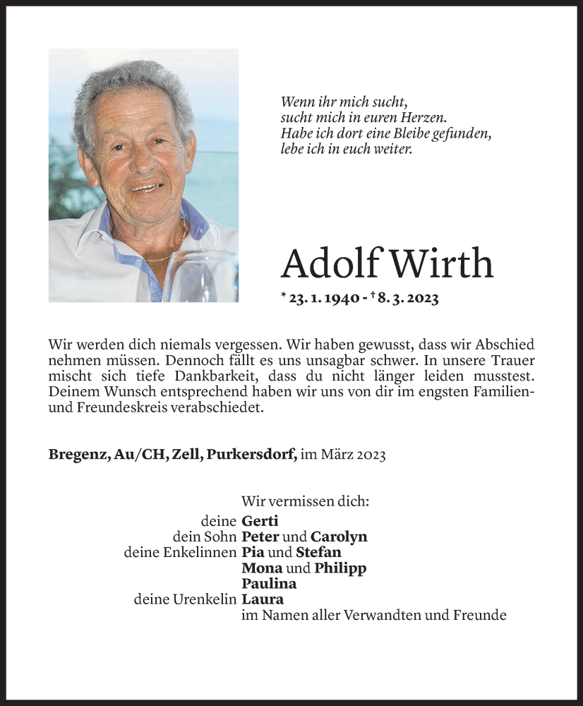  Todesanzeige für Adolf Wirth vom 17.03.2023 aus Vorarlberger Nachrichten