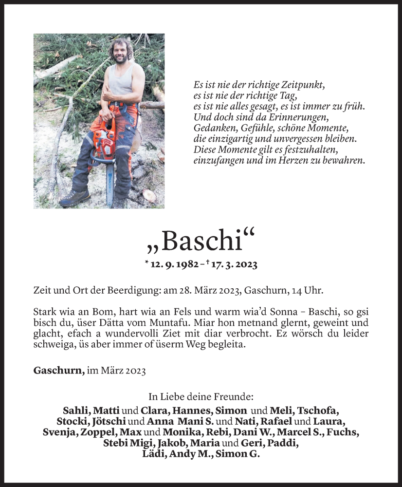 Todesanzeige für Baschi  vom 28.03.2023 aus Vorarlberger Nachrichten