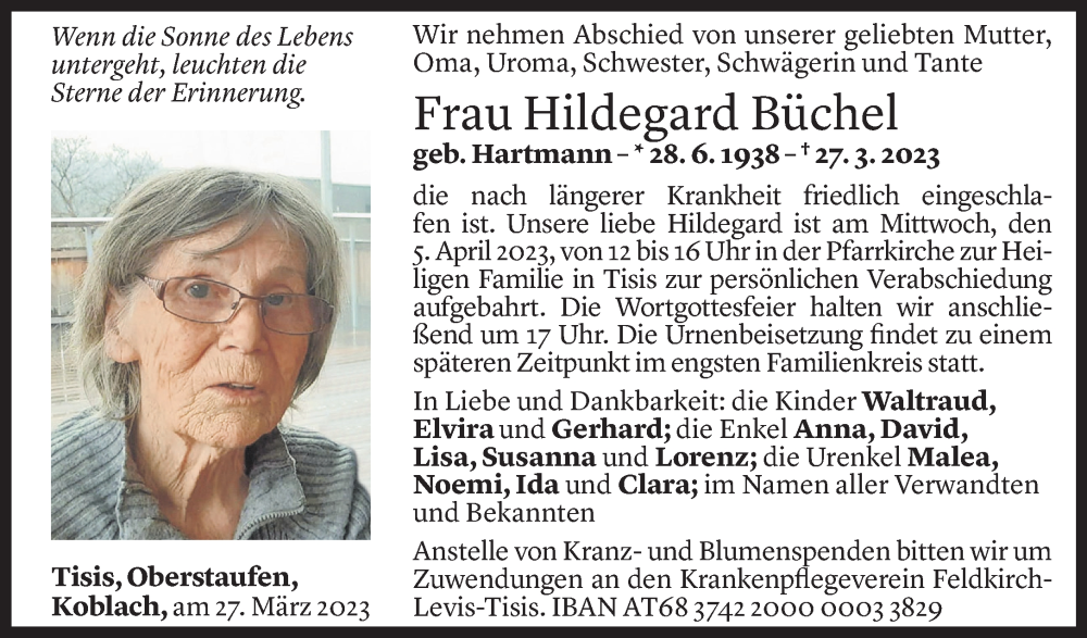  Todesanzeige für Hildegard Büchel vom 31.03.2023 aus Vorarlberger Nachrichten