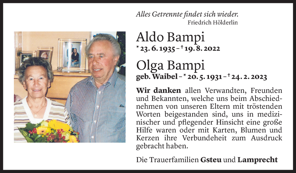  Todesanzeige für Aldo Bampi vom 31.03.2023 aus Vorarlberger Nachrichten