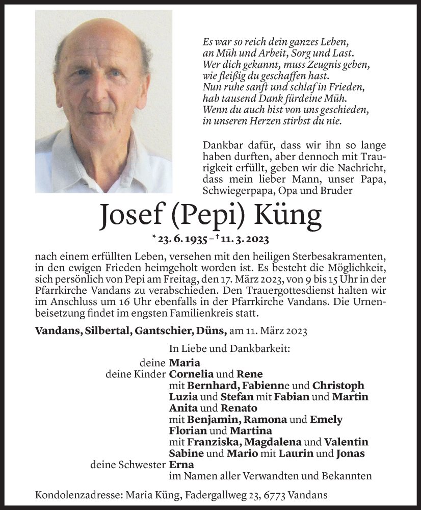  Todesanzeige für Josef Küng vom 14.03.2023 aus Vorarlberger Nachrichten