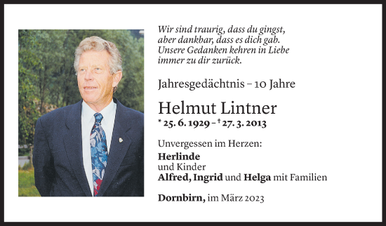 Todesanzeige von Helmut Lintner von Vorarlberger Nachrichten