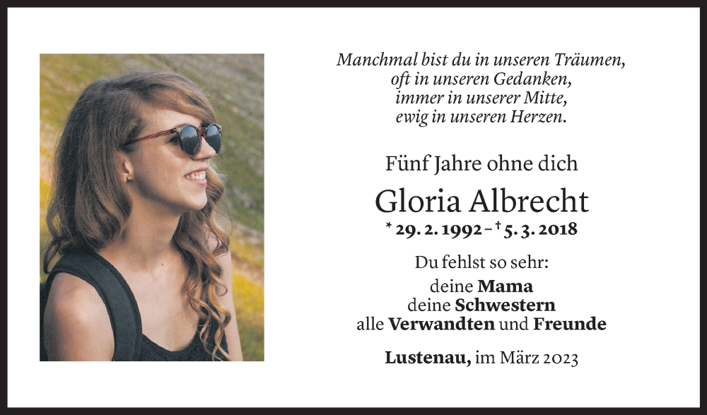  Todesanzeige für Gloria Albrecht vom 04.03.2023 aus Vorarlberger Nachrichten