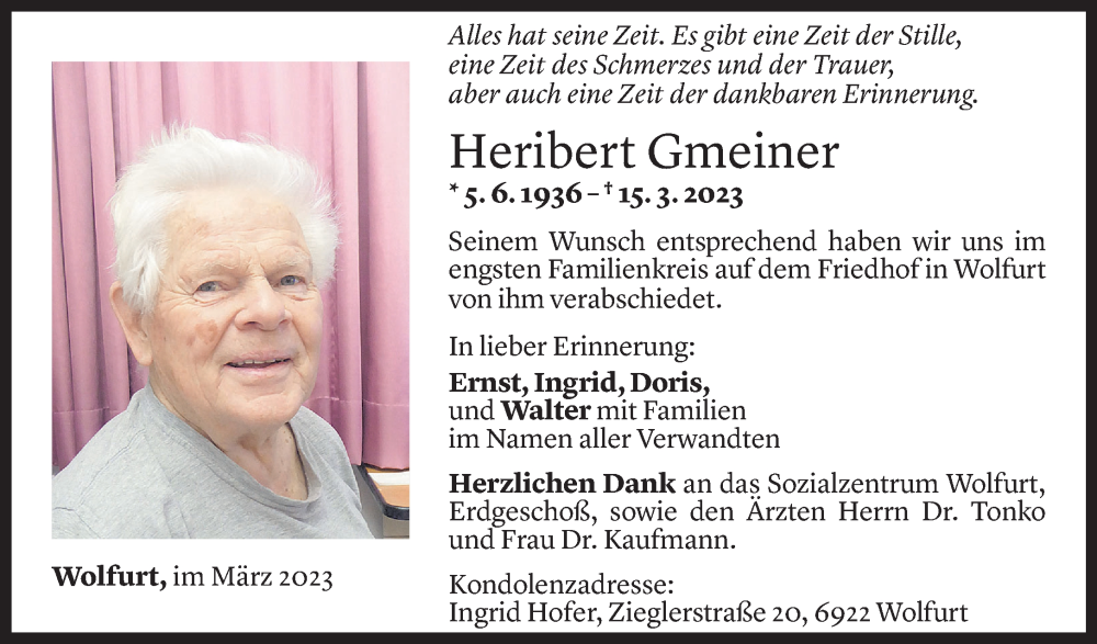  Todesanzeige für Heribert Gmeiner vom 22.03.2023 aus Vorarlberger Nachrichten
