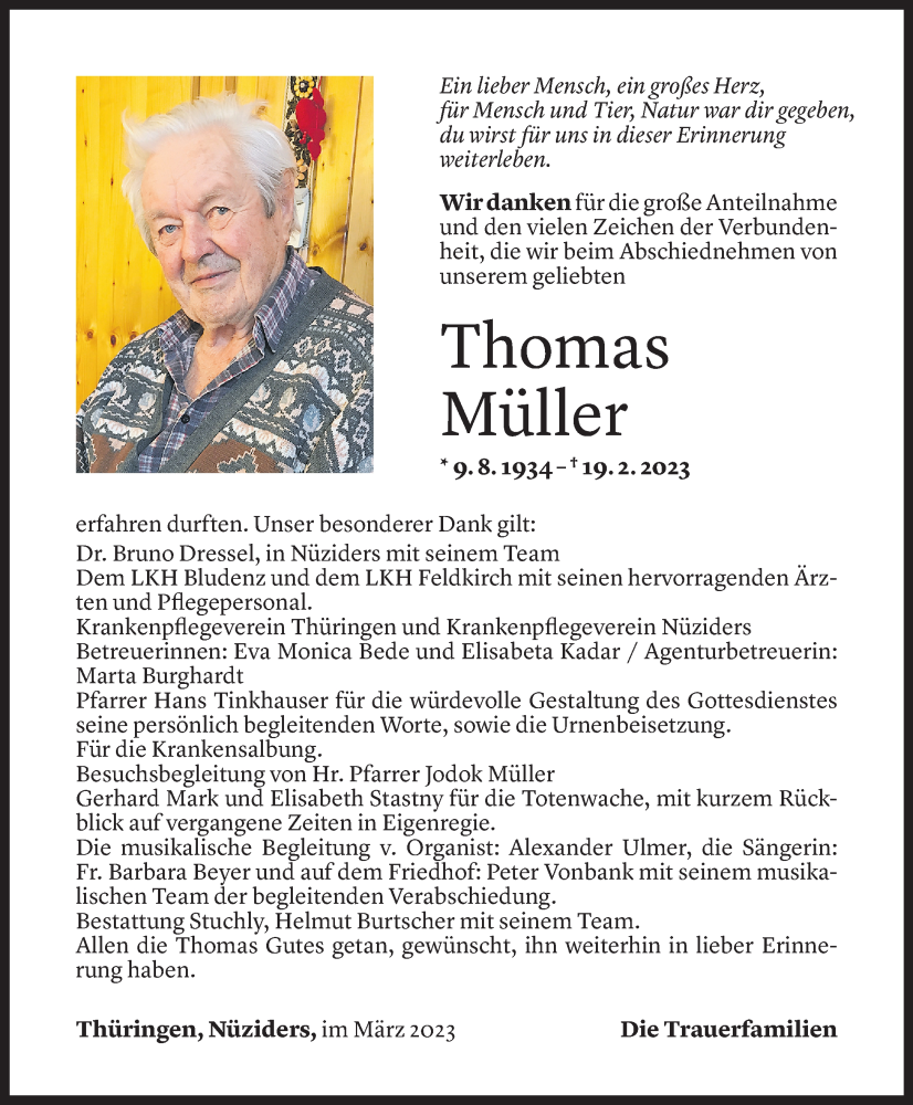  Todesanzeige für Thomas Müller vom 17.03.2023 aus Vorarlberger Nachrichten